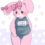  2018 abstract_background anthro blush bonbonribbon breasts clothing ekubo embarrassed female floppy_ears front_view fur hi_res lagomorph looking_at_viewer mammal navel one-piece_swimsuit pink_fur portrait rabbit ribbons sanrio slightly_chubby solo standing swimsuit three-quarter_portrait 