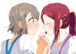 alternate_hairstyle blush chocolate closed_eyes face-to-face facing_another finger_in_mouth from_side holding_hands interlocked_fingers long_hair looking_at_another love_live! love_live!_sunshine!! multiple_girls ponytail profile red_hair sakurauchi_riko short_hair upper_body valentine watanabe_you white_background yuchi_(salmon-1000) yuri 