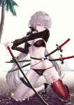  absurdres asymmetrical_legwear bangs bikini black_bikini black_footwear blunt_bangs breasts cleavage fate/grand_order fate_(series) floating_hair full_body hands_on_hilt high_heels highres jeanne_d'arc_(alter_swimsuit_berserker) jeanne_d'arc_(fate)_(all) katana kneeling long_hair looking_at_viewer medium_breasts nekobell o-ring o-ring_bikini palm_tree pumps red_legwear shrug_(clothing) silver_hair simple_background solo swimsuit sword thigh_strap thighhighs tree twintails very_long_hair weapon white_background yellow_eyes 