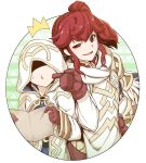  1girl anna_(fire_emblem) brown_gloves cheek_poking commentary_request fire_emblem fire_emblem_heroes gloves highres hood hood_up long_sleeves nakabayashi_zun open_mouth parted_lips poking ponytail red_eyes red_hair robe summoner_(fire_emblem_heroes) 