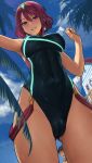  1girl armpits ass_visible_through_thighs bangs bare_shoulders beach_house black_hair black_swimsuit blue_sky blush breasts cameltoe circlet cloud commentary competition_swimsuit covered_navel covered_nipples day earrings eyebrows_visible_through_hair from_below grin hair_between_eyes head_tilt highres homura_(xenoblade_2) jewelry large_breasts lasterk lens_flare looking_at_viewer looking_down one-piece_swimsuit open_mouth parted_lips red_eyes red_hair rex_(xenoblade_2) short_hair shoulder_armor sidelocks skin_tight sky smile solo_focus standing swept_bangs swimsuit teeth thighs tiara water xenoblade_(series) xenoblade_2 