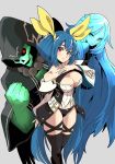  asymmetrical_wings black_legwear blue_hair breasts cleavage commentary_request dizzy glowing glowing_eyes green_eyes grey_background guilty_gear guilty_gear_xrd hair_ribbon highres hirakata_masahiro hood large_breasts long_hair necro_(guilty_gear) red_eyes ribbon skull thighhighs tied_hair undine_(guilty_gear) very_long_hair wide_sleeves wings yellow_ribbon 