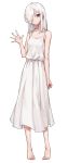  bare_arms bare_shoulders barefoot closed_mouth dress full_body grey_eyes hand_up highres long_dress long_hair looking_at_viewer oopartz_yang original pigeon-toed simple_background smile solo sundress waving white_background white_dress white_hair 