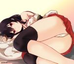  ass black_hair blush closed_mouth commentary_request detached_sleeves eyebrows_visible_through_hair gradient gradient_background hair_between_eyes hair_ornament highres kantai_collection knee_pads looking_at_viewer lying miniskirt momiji_(103) on_side panties red_eyes red_skirt short_hair skirt solo underwear white_panties yamashiro_(kantai_collection) 