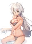  ahoge bikini black_bikini black_choker breasts choker cleavage commentary_request eyebrows_visible_through_hair fate/grand_order fate_(series) hair_between_eyes jeanne_d'arc_(alter_swimsuit_berserker) jeanne_d'arc_(fate)_(all) large_breasts long_hair mogullaz navel o-ring o-ring_bikini o-ring_bottom o-ring_top on_bed silver_hair sitting sitting_on_bed solo swimsuit very_long_hair white_background yellow_eyes 