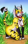  2017 4_fingers 4_toes anthro big_breasts biped black_claws black_fur black_markings black_stripes black_tail blue_eyes blue_nose breasts cheek_tuft chest_markings claws collar countershade_face countershade_legs countershade_torso countershading digital_drawing_(artwork) digital_media_(artwork) dirt ear_tuft eyelases fangs feline female fingerless_(marking) flower front_view full-length_portrait fur gloves_(marking) grass hair humanoid_hands hybrid kneeling leaning leaning_forward leash lighting long_hair long_tail looking_at_viewer lynx mammal markings mostly_nude mouth_hold multicolored_fur multicolored_tail naked_collar nature navel nipples object_in_mouth open_mouth open_smile outside pink_nipples plant portrait q-nik raised_heel red_fur shadow signature sky smile snout solo striped_fur striped_tail stripes studded_collar studs tiger tiger_stripes toe_claws toeless_(marking) toes tuft white_countershading white_fur white_hair white_tail yellow_fur yellow_tail 