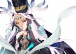  1boy chin_rest chinese_clothes commentary_request eyeshadow fate/grand_order fate_(series) hat long_hair makeup male_focus multicolored_hair qin_shi_huang_(fate/grand_order) solo sunahara_(toki0707) two-tone_hair 