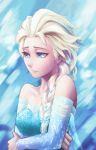  bare_shoulders blonde_hair blue_dress blue_eyes braid breasts close-up commentary dress elsa_(frozen) english_commentary flower freckles frozen_(disney) hair_flower hair_ornament hair_over_shoulder highres jitome light_smile long_hair looking_down medium_breasts off_shoulder oopartz_yang single_braid snowflakes solo upper_body 