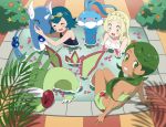  altaria bikini blonde_hair blue_hair blush blush_stickers braid closed_eyes commentary_request crown_braid dark_skin dragonair floral_print flygon gen_1_pokemon gen_3_pokemon goggles goggles_on_head green_bikini green_eyes green_hair grin hari611 lillie_(pokemon) long_hair mao_(pokemon) multiple_girls one-piece_swimsuit petals pokemon pokemon_(anime) pokemon_(creature) pokemon_sm_(anime) short_hair sitting smile strapless strapless_bikini suiren_(pokemon) swimsuit towel towel_on_head trial_captain twintails white_swimsuit 