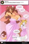  2018 anthro ask_blog big_breasts blonde_hair bovine breasts brown_hair cat cattle chalo cleavage clothed clothing dialogue digital_media_(artwork) dress duo english_text eyes_closed feline female green_eyes hair hi_res horn las_lindas long_hair mammal mora_linda sarah_silkie smile text unseen_character 