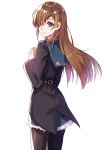  bangs black_jacket black_legwear blue_eyes blue_skirt brown_hair eyepatch fate/grand_order fate_(series) gejigejier hair_over_one_eye hand_up jacket long_hair looking_at_viewer looking_back ophelia_phamrsolone pantyhose simple_background skirt solo standing very_long_hair white_background 