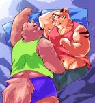  2018 anthro arufina_w bed blush bulge butt canine clothing dog duo eyes_closed feline male male/male mammal navel overweight overweight_male pillow shorts sleeping tiger underwear 