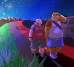  2018 anthro arufina_w bear belly blush canine clothing duo fireworks footwear hand_holding humanoid_hands male mammal night overweight overweight_male shirt shoes shorts star walking 