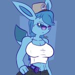  2018 anthro blue_background breasts clothed clothing digital_media_(artwork) dittodotto eeveelution eyewear fan_character female glaceon gun hair handgun looking_at_viewer nintendo nipples pok&eacute;mon pok&eacute;mon_(species) ranged_weapon simple_background solo standing sunglasses video_games weapon 