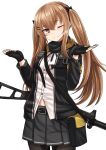  armband bangs black_bow black_gloves black_jacket black_skirt blush bow brown_eyes brown_hair closed_mouth collared_shirt commentary_request dress_shirt eyebrows_visible_through_hair fingerless_gloves girls_frontline gloves gun h&amp;k_ump9 hair_between_eyes hair_bow hair_ornament hairclip hands_up head_tilt highres jacket light_smile long_hair object_namesake one_eye_closed open_clothes open_jacket pleated_skirt rabochicken shirt simple_background skirt solo twintails ump9_(girls_frontline) very_long_hair weapon white_background white_shirt 