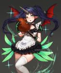  apron beelzebub_(the_seven_deadly_sins) black_dress black_gloves blue_hair blush boned_meat chain commentary dress eating english_commentary fang feathers floating_hair food gloves green_eyes grey_background holding holding_food horn long_hair meat parted_lips puffy_short_sleeves puffy_sleeves seven_deadly_sins short_sleeves skindentation slit_pupils solo standing terupancake the_seven_deadly_sins thighhighs twintails twitter_username waist_apron white_apron white_legwear 