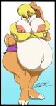 anthro bedroom_eyes belly big_belly big_breasts big_butt biped breasts butt clothed clothing cyan_background deonwolf digital_media_(artwork) female gradient_background half-closed_eyes huge_breasts lagomorph lola_bunny looking_at_viewer looney_tunes mammal outie outie_navel overweight pregnant rabbit seductive simple_background skimpy smile solo warner_brothers white_background 