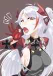  antenna_hair artist_name azur_lane bangs breasts eyebrows_visible_through_hair eyes_visible_through_hair fellatio_gesture gloves grey_background headgear highres iron_cross kurozako long_hair mole mole_on_breast multicolored_hair open_mouth prinz_eugen_(azur_lane) red_eyes sideboob signature silver_hair simple_background solo streaked_hair swept_bangs tongue tongue_out two_side_up 