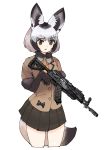  absurdres ak-47 animal_ears assault_rifle bat-eared_fox_(kemono_friends) black_hair bow bowtie brown_hair coat cowboy_shot elbow_gloves eyebrows_visible_through_hair fox_ears fox_tail fur_trim gloves grey_hair gun highres kemono_friends multicolored_hair necktie omnisucker pleated_skirt rifle short_hair short_sleeves skirt solo tail weapon white_hair 