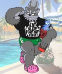  anthro bulge canine clothing crocs fashion flexing hi_res hikiganebousou male mammal multi_ear musclegut nintendo nintendo_switch shirt shorts slime third_eye tokyo_afterschool_summoners tsathoggua video_games water_park 