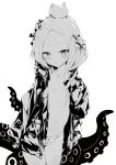  abigail_williams_(fate/grand_order) animal_print bangs bear_panties bear_print blush bow breasts chen_bin closed_mouth collarbone crossed_bandaids fate/grand_order fate_(series) greyscale hair_bow hair_bun hand_up heroic_spirit_traveling_outfit jacket long_hair long_sleeves monochrome navel nipples open_clothes open_jacket panties parted_bangs print_panties simple_background sleeves_past_fingers sleeves_past_wrists small_breasts solo standing suction_cups tentacles underwear white_background 