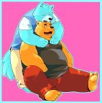  2017 anthro arufina_w bear belly blue_fur canine clothing duo fur hug humanoid_hands male mammal overweight overweight_male pants shirt simple_background sitting wolf 