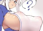  ? blue_eyes breasts closed_eyes commentary covered_nipples glo-s-s huge_breasts kamoi_(kantai_collection) kantai_collection looking_at_viewer no_bra parted_lips revision sideboob sidelocks thought_bubble upper_body white_hair 