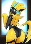  2018 anthro black_fur blue_eyes blush butt female fur looking_at_viewer looking_back nintendo nude open_mouth pok&eacute;mon pok&eacute;mon_(species) pussy raaggu rear_view solo video_games yellow_fur zeraora 