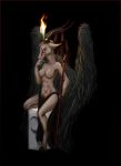 baphomet clothed clothing demon female fire holding_object pentagram solo topless wings 