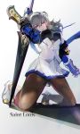  arm_behind_head azur_lane bangs boots breasts commentary_request corset covered_nipples dress from_below gauntlets grey_hair hair_between_eyes hair_ornament highres holding holding_weapon knee_boots kneeling komamitsu large_breasts long_hair looking_at_viewer military military_uniform miniskirt pantyhose parted_lips pink_eyes pleated_skirt polearm saint-louis_(azur_lane) silver_hair skirt solo thighs uniform weapon white_dress white_footwear white_skirt 