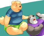  2017 anthro arufina_w canine clothing dog duo humanoid_hands male mammal overweight overweight_male shirt shorts sitting sleeping wolf 