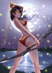  adsouto arrow artist_name ass bikini black_hair bow_(weapon) breasts broken_moon cinder_fall fireflies from_behind glowing glowing_eyes hair_over_one_eye highres holding holding_bow_(weapon) holding_weapon lake legs_apart long_hair looking_at_viewer looking_back medium_breasts moon night outdoors red_bikini rwby sky smile solo standing star_(sky) starry_sky swimsuit water weapon wind yellow_eyes 