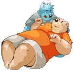  2018 anthro arufina_w bear belly blue_fur canine clothing dog duo eyes_closed fur humanoid_hands male mammal overweight overweight_male shirt shorts simple_background white_background wolf 
