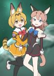  :d alternate_costume animal_ear_fluff animal_ears arm_hug bangs black_dress black_legwear blonde_hair blue_bow bow bowtie breasts capelet caracal_(kemono_friends) caracal_ears caracal_tail commentary_request dress extra_ears eyebrows_visible_through_hair hair_between_eyes japari_symbol juliet_sleeves kemono_friends light_brown_hair long_hair long_sleeves looking_at_viewer multicolored_hair multiple_girls ojigiri_(hisano1202) open_mouth orange_dress pantyhose pleated_dress puffy_sleeves red_bow serval_(kemono_friends) serval_ears serval_tail shoes short_hair small_breasts smile striped_tail tail thighhighs turtleneck uchuu_no_stellvia white_capelet white_footwear zettai_ryouiki 