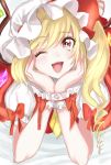  ;d ascot bangs barefoot bed_sheet blonde_hair blush bow chin_rest commentary crystal eyebrows_visible_through_hair eyelashes flandre_scarlet hands_up hat hat_ribbon heart heart-shaped_pupils highres looking_at_viewer lying mob_cap on_stomach one_eye_closed open_mouth puffy_short_sleeves puffy_sleeves red_bow red_eyes red_ribbon ribbon rosette_(roze-ko) short_sleeves side_ponytail smile solo symbol-shaped_pupils touhou white_hat wings wrist_cuffs yellow_neckwear 