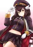  anchor_symbol arm_up azur_lane bangs blush breasts brown_cape brown_eyes brown_hair brown_hat brown_jacket brown_skirt cape closed_mouth commentary_request dutch_angle eyebrows_visible_through_hair gloves gradient gradient_background hair_between_eyes hat highres index_finger_raised jacket long_hair long_sleeves looking_at_viewer medium_breasts midriff mikasa_(azur_lane) military_hat multicolored multicolored_cape multicolored_clothes navel peaked_cap pink_background pleated_skirt red_cape ryara_vivi skirt smile solo white_background white_gloves 