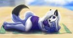  2018 anthro aquas_sirenix beach book breasts canine clothed clothing cute elementals female fox fur hair long_hair mammal purple_cloth purple_eyes sand sea seaside serenity_paradise solo sun thick_thighs water white_fur white_hair wide_hips 