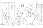  2018 anthro belly boar canine clothing eyes_closed gouryou group hanuman_(tas) humanoid_hands koideandichi male mammal mohawk monkey moobs muscular overweight overweight_male porcine primate robe seth_(tas) sitting tokyo_afterschool_summoners tusks 