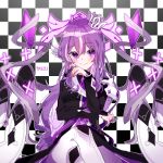  aisha_(elsword) checkered chess_piece crown crystal elsword eyebrows_visible_through_hair highres jacket long_hair patzzi purple_eyes purple_hair purple_neckwear shoulder_armor smile twitter_username 