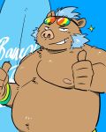  41raco blue_hair boar clothed clothing eyewear facial_hair gouryou hair male mammal mohawk musclegut nipples porcine sideburns slightly_chubby sunglasses surfboard thumbs_up tokyo_afterschool_summoners topless tusks 
