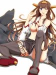  ahoge blush boots breasts brown_hair brown_skirt cannon commentary damaged detached_sleeves double_bun hairband hamaguri_(hamaguri1234) hand_on_own_neck highres kantai_collection kongou_(kantai_collection) large_breasts long_hair looking_at_viewer navel nontraditional_miko panties pantyshot pantyshot_(sitting) purple_eyes remodel_(kantai_collection) ribbon-trimmed_sleeves ribbon_trim rigging shirt sitting skirt solo striped striped_panties thigh_boots thighhighs torn_boots torn_clothes torn_shirt torn_skirt torn_sleeves turret underwear 