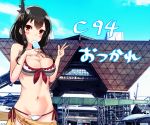  bikini black_hair breasts cleavage comiket cowboy_shot food hair_ornament highres kantai_collection looking_at_viewer lowleg lowleg_bikini medium_breasts momiji_(103) navel photo_background popsicle red_eyes remodel_(kantai_collection) sarong short_hair side-tie_bikini solo swimsuit tokyo_big_sight v white_bikini yamashiro_(kantai_collection) yellow_sarong 