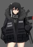  1girl arm_at_side bandaid bandaid_on_face black_coat black_hair black_scarf coat contrapposto cowboy_shot dw expressionless eyes_closed fur-trimmed_coat fur_trim grey_background gun hair_ornament hairclip hand_on_hip head_tilt highres long_hair long_sleeves looking_at_viewer multicolored_hair original pocket red_eyes scarf side_ponytail simple_background sketch solo streaked_hair unzipped weapon weapon_on_back white_background 