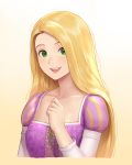  :d blonde_hair collarbone cropped_torso cross-laced_clothes dress gradient gradient_background green_eyes hand_up highres juliet_sleeves long_hair long_sleeves looking_at_viewer natsuyu open_mouth orange_background puffy_sleeves purple_dress rapunzel rapunzel_(disney) shiny shiny_hair smile solo straight_hair tangled upper_body upper_teeth 