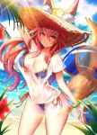  animal_ear_fluff animal_ears bikini bikini_under_clothes blue_bikini breasts cleavage collarbone day ears_through_headwear fate/grand_order fate_(series) fox_ears fox_tail hat highres innertube large_breasts looking_at_viewer ocean outdoors palm_tree pink_hair rothy shirt side-tie_bikini solo straw_hat swimsuit tail tamamo_(fate)_(all) tamamo_no_mae_(swimsuit_lancer)_(fate) tree wet wet_clothes wet_shirt wet_t-shirt yellow_eyes 