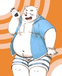  2018 anthro bear belly blush bulge clothed clothing fur hoodie humanoid_hands male mammal maron2475 moobs navel one_eye_closed open_shirt overweight overweight_male polar_bear shirane_kan shorts solo white_fur wink 