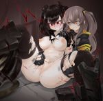  absurdres anus areolae armband ass barcode barcode_tattoo black_gloves black_hair black_jacket black_legwear black_sailor_collar black_serafuku blood blush bow breasts brown_eyes clenched_teeth cuts electricity eyebrows_visible_through_hair fingering fingerless_gloves girls_frontline gloves grabbing grabbing_from_behind grey_hair hair_between_eyes highres hood hooded_jacket horns injury jacket large_breasts long_hair looking_at_another looking_down multiple_girls navel nipples nose_blush on_floor one_side_up open_clothes open_jacket ouroboros_(girls_frontline) philipposter puffy_nipples pussy pussy_juice red_eyes sailor_collar saliva scar scar_across_eye school_uniform serafuku shirt sitting smile spread_legs sweatdrop tattoo teeth thigh_grab thighhighs torn_clothes torn_legwear torn_shirt twintails ump45_(girls_frontline) vaginal white_bow yuri 