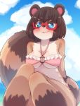  2018 anthro bikini blue_eyes blush breasts brown_fur brown_nose canine clothed clothing eyewear female fur glasses looking_at_viewer mammal open_mouth outside sitting sky solo swimsuit tanuki white_fur youki 
