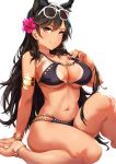  animal_ears anklet arm_support armlet artist_name atago_(azur_lane) azur_lane bangs barefoot bikini bikini_tug black_bikini black_hair black_umbrella blush bracelet breasts brown_eyes cleavage_cutout collarbone earrings extra_ears eyebrows_visible_through_hair eyewear_on_head flower grin hair_flower hair_ornament highres hoop_earrings jewelry knee_up large_breasts long_hair looking_at_viewer mole mole_under_eye nail_polish navel parted_lips partially_submerged red_nails ribbon sakiyamama signature sitting skindentation smile solo stomach strap_pull sunglasses sunlight swept_bangs swimsuit tan tanline thighs umbrella wet white-framed_eyewear 