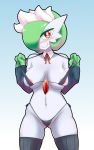  2018 blush bra breasts clothed clothing female gardevoir green_hair grey_skin hair hair_over_eye humanoid legwear looking_at_viewer navel nei_chi nintendo nipples panties pok&eacute;mon pok&eacute;mon_(species) red_eyes skimpy smile solo standing stockings underwear video_games 